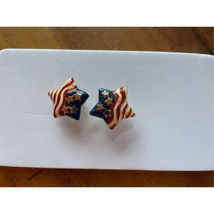 ENAMEL STAR FLAG POST EARRINGS w/GOLD TONE STARS & STRIPES RED WHITE BLUE